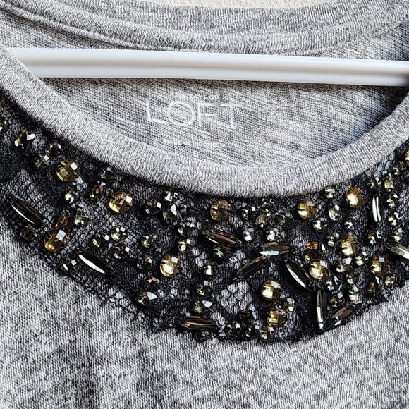 LOFT Gray Short Sleeve Jersey With Jeweled Neckline Size Small - Picture 8 of 15